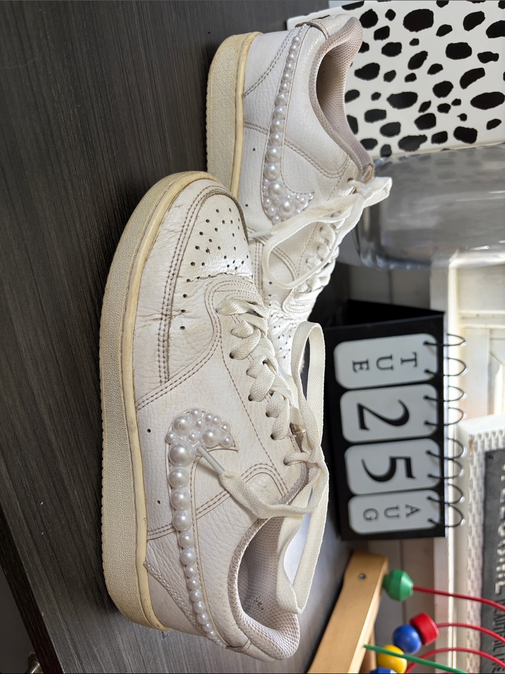 Women's White Nike Custom Pearl-Trim Sneakers (on outside Nike symbol only)